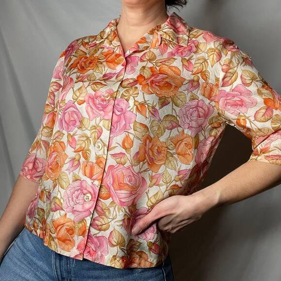 Vintage 70s pink roses print floral 1/2 sleeve blouse button-down top‎ rose L - Picture 10 of 17